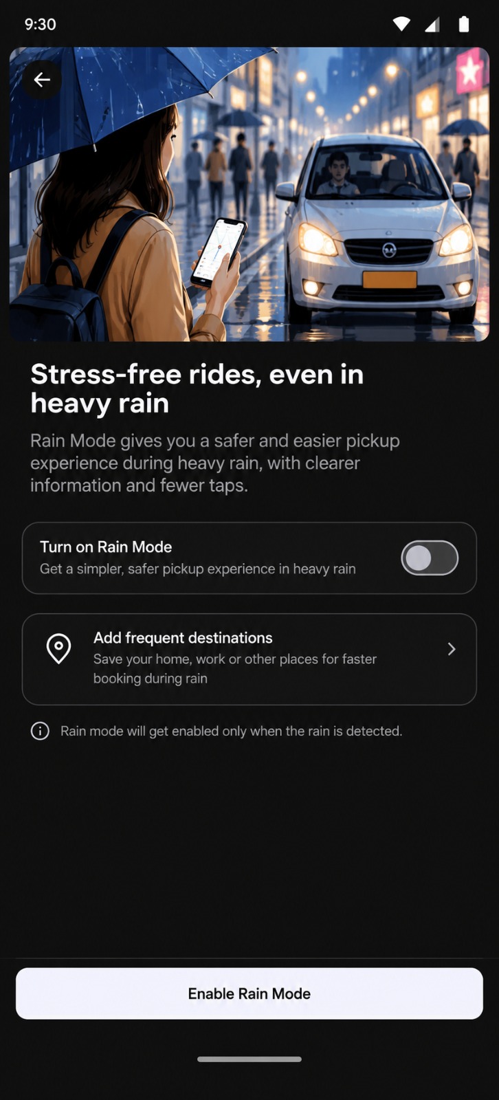 Rain Mode prompt screen with a Turn on Rain Mode toggle