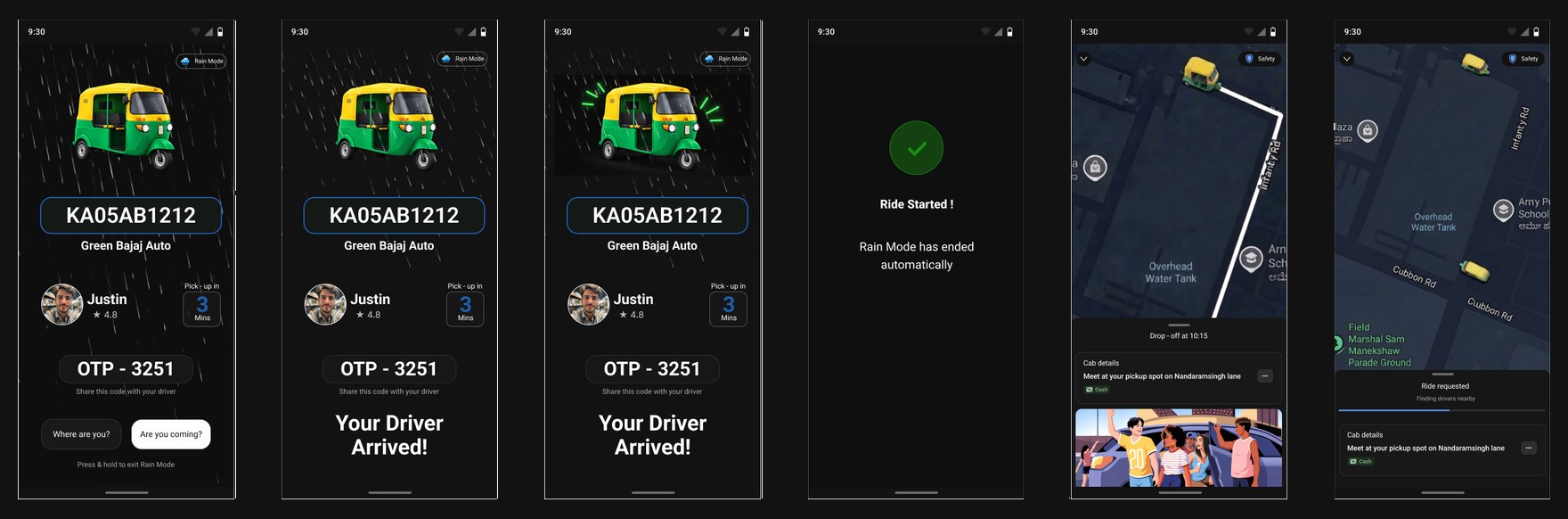 High-fidelity auto flow: vehicle details, driver arrived, ride started and live map