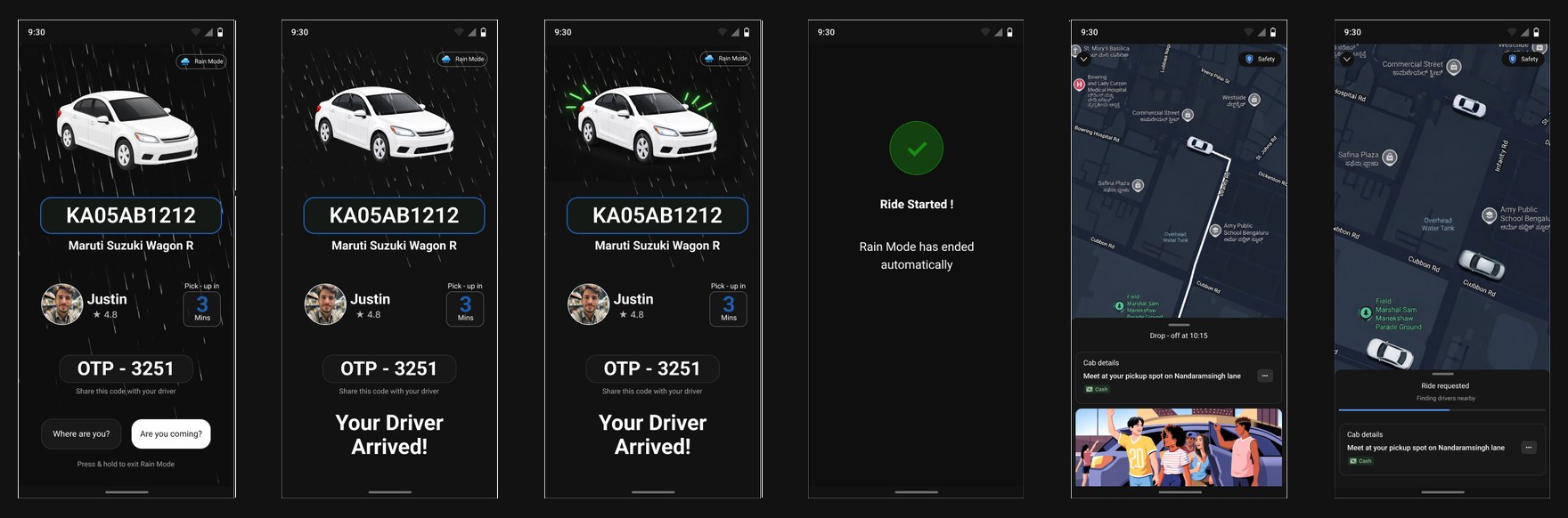 High-fidelity cab flow: vehicle details, driver arrived, ride started and live map