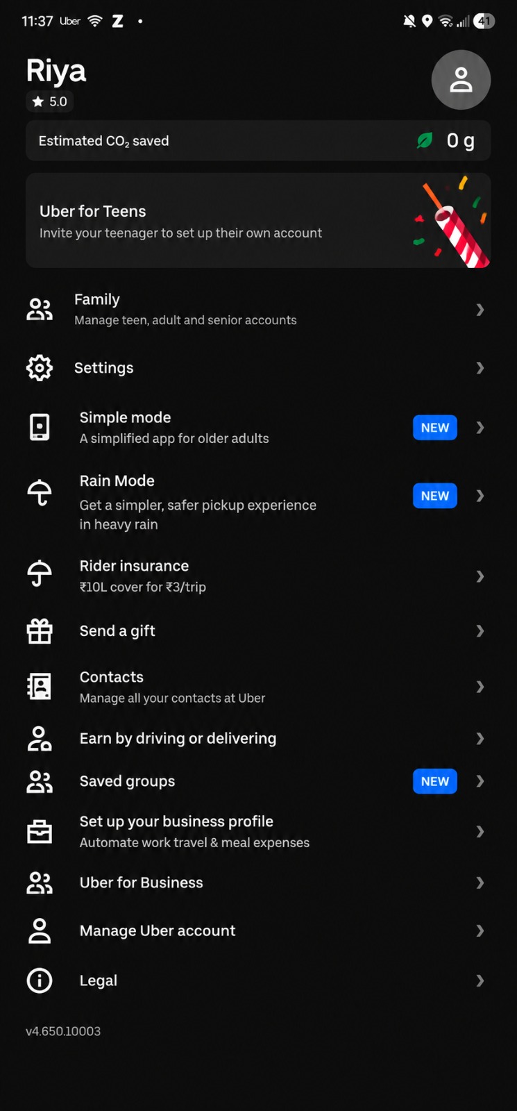 Uber account menu with a new Rain Mode entry for activating it from settings