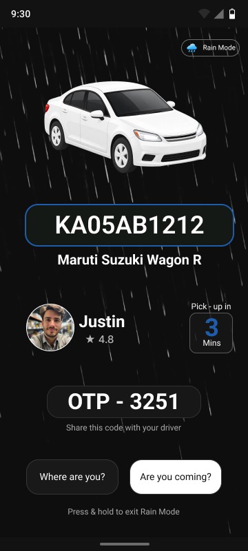 Rain Mode vehicle screen after testing, with a larger, more prominent ETA