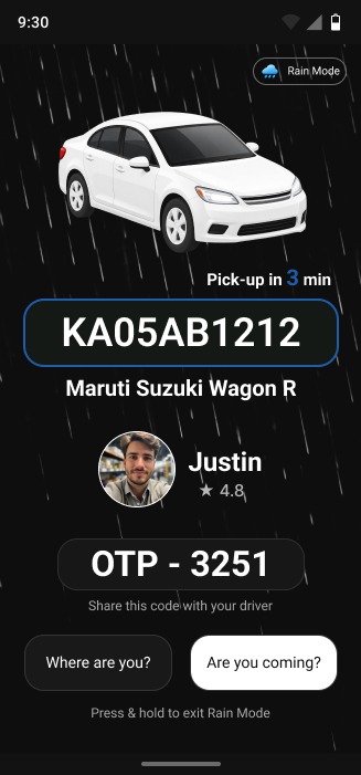 Rain Mode vehicle screen before testing, with a small pick-up time